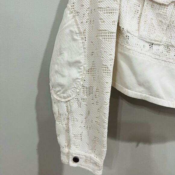 Rebecca Taylor White Cream Hooded Eyelet lightweight moto Jacket Size 8 - Picture 7 of 12